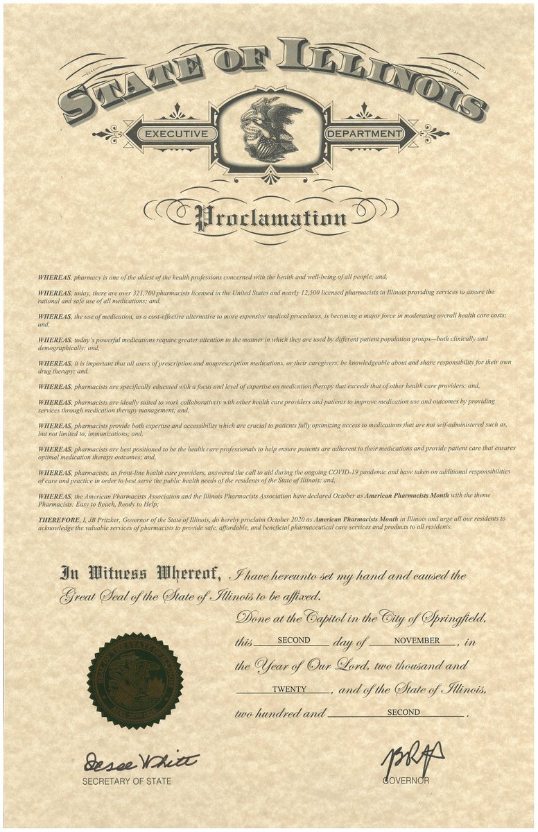 ILPharmacists's tweet photo. @GovPritzker has issued a Proclamation which declared October 2020 - American Pharmacists Month throughout Illinois.  Including special recognition for all #pharmacists have done and continue to provide during the pandemic.

Happy American Pharmacists Month from IPhA!! #APhM2020 https://t.co/lz9rxgfIGA