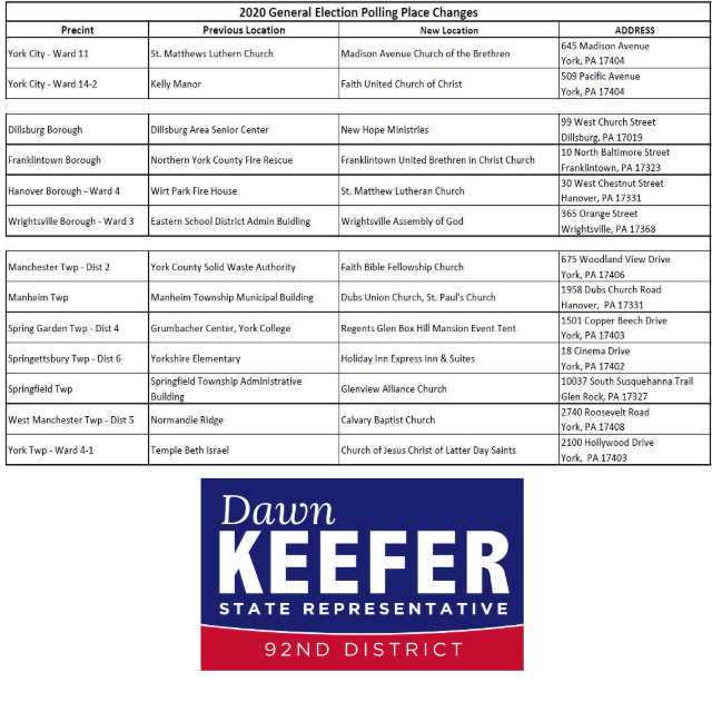 dwkeefer's tweet photo. Some polling places have changed in York County .  The chart below will help explain these changes.  #Keefer2020 #Keefer4PA92nd https://t.co/riUmJuLv6Q