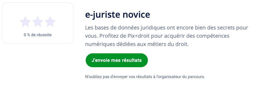 Le parcours Recherche juridique numérique de #pixdroit est enfin accessible ! Demandez à votre correspondant Pix ou Pix+droit de vous proposer une campagne et essayez de ne pas avoir ce message en fin de parcours 😅On attend la 1re copie écran du message "e-juriste expert"⭐️⭐️⭐️