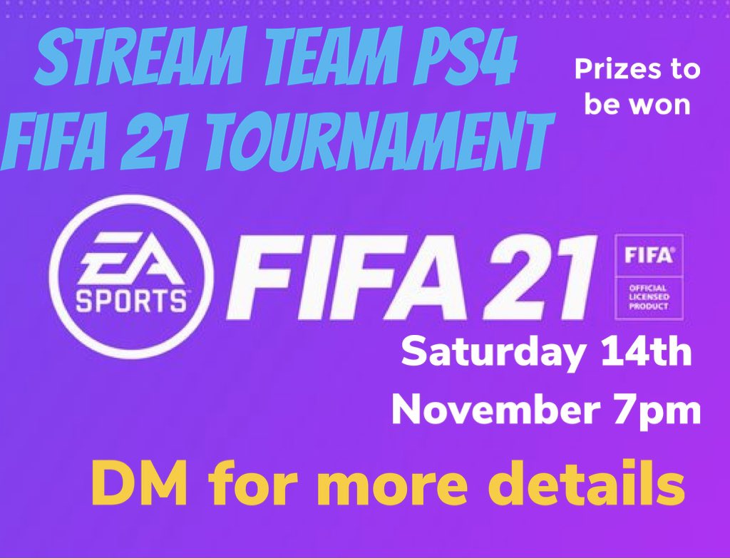 StreamTeam2020's tweet photo. #Announcement 
StreamTeam’s FIRST EVER TOURNAMENT! PS4 #FIFA21 tournament. Saturday 14th November, be subbed in https://t.co/YZZKnrvjAu 
Or https://t.co/MxsDpYju7D 
To be able to enter. DM for more details on how to register https://t.co/y08OANxlv6