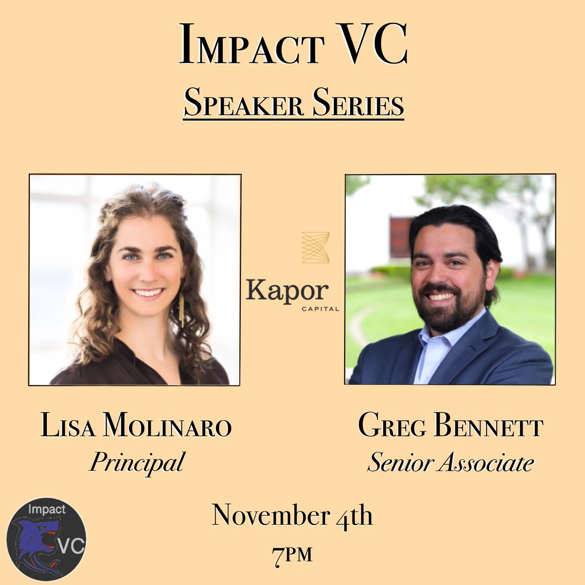 For our next meeting , we’ll be joined by Lisa Molinaro &amp; Greg Bennett from Kapor Capital. Join us this Wednesday (11/4) at 7pm CST as we cover the topic of "What makes a company venture-backable?"

RSVP - bit.ly/impactvc

#impact #vc #venturecapital #startups #undergrads