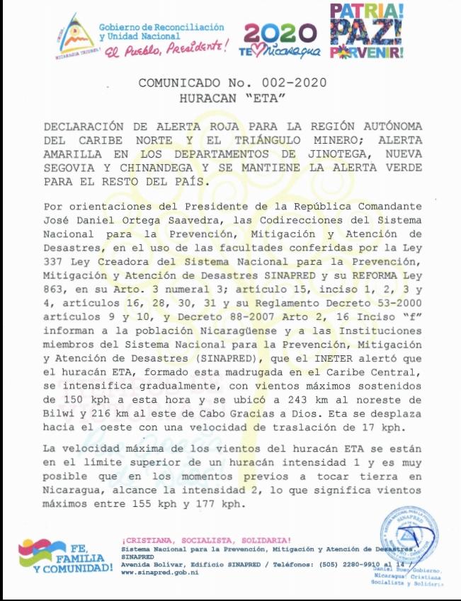 LaTaniaDeEsteli's tweet photo. 🔴🔴🔴🔴🔴🔴
COMUNICADO 002-2020. HURACAN ETA
Alerta roja 🔴 para la región Autónoma del Caribe norte y el triangulo minero.
Alerta amarilla ⚠️ para los departamentos de Jinotega, Nueva Segovia y Chinandega.
Alerta verde ✔️ para el resto del país. https://t.co/UmHp8xjS7I