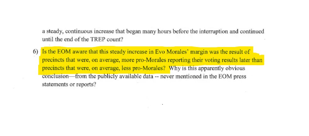 El 25 de noviembre de 2019, cuatro miembros del Congreso de Estados Unidos preguntaron a la OEA lo siguiente sobre su Misión de Observación Electoral en Bolivia: https://www.scribd.com/document/449831849/OAS-Boliva-Final 14/x