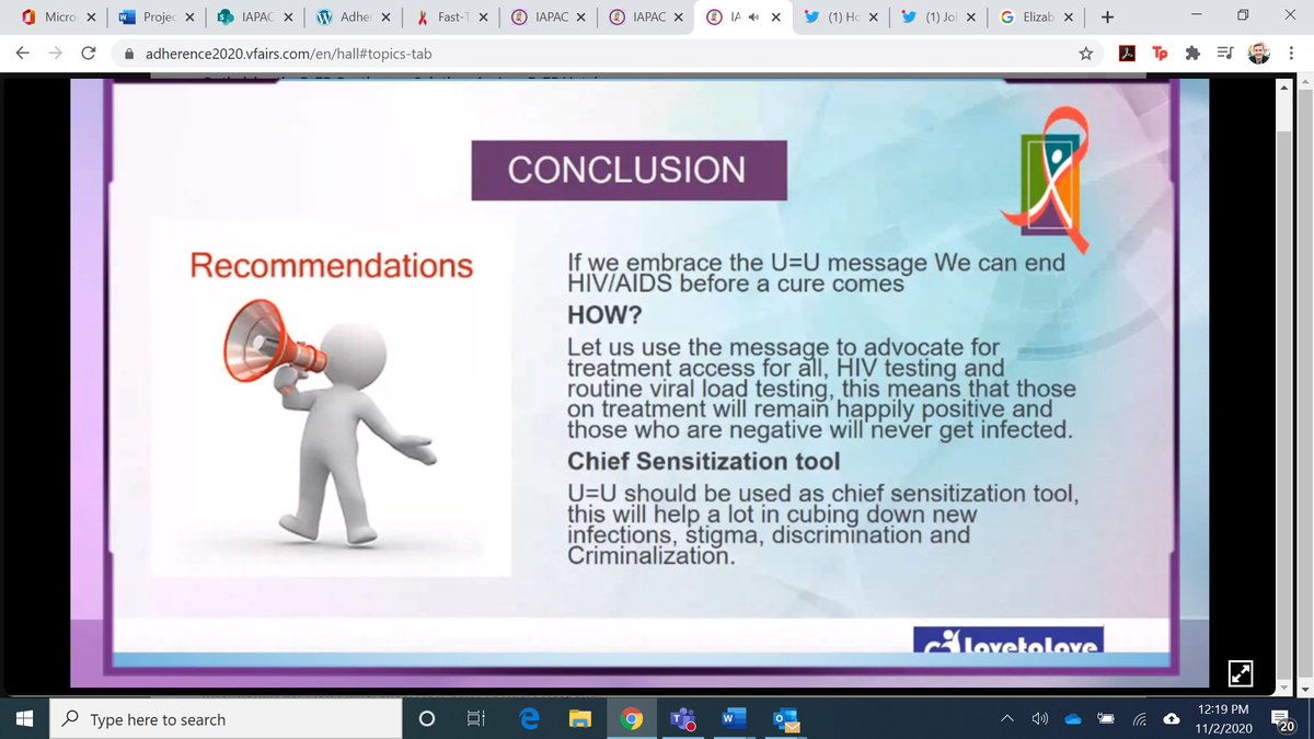 Dash_Sears's tweet photo. @Matovuwilliam1 of @LTLORGUG presenting on '#UequalsU: A Motivational Message for HIV Treatment Adherence'. Such an incredible progression forward in understanding #HIV and #Adherence. 0 risk=0 excuses, U=U is a hopeful message! (h/t to @PreventionAC ) at #ADherence2020 @IAPAC https://t.co/b0NaqTPCZS
