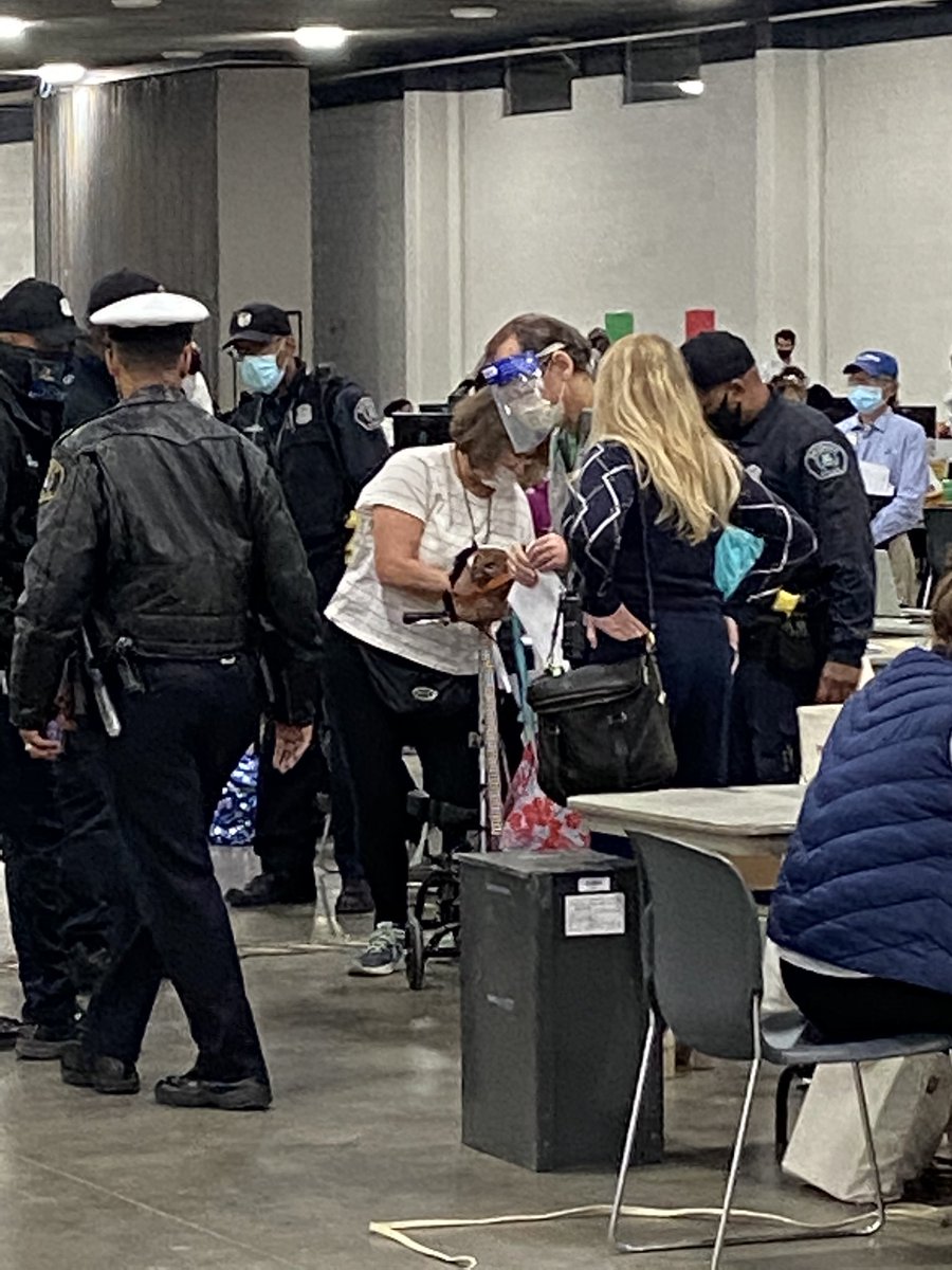 More photos I took of the woman causing a scene at TCF Center in Detroit, where absentee ballots are being processed today. She was a poll challenger, but refused to wear her mask properly over nose, even after she was asked to, said election supervisor.Police escorted her out.  https://twitter.com/nwarikoo/status/1323303101357563914 &ndash; bei  TCF Center
