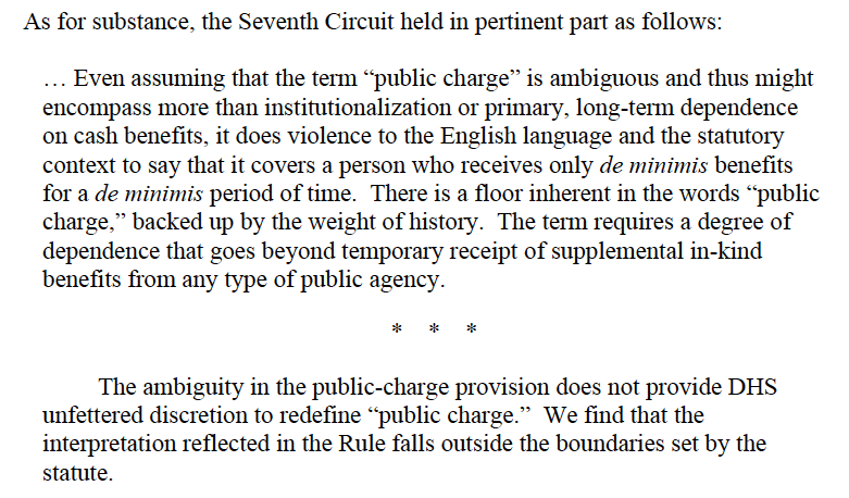 The rule is unlawful because it exceeds the Congressional authority granted to the executive branch.In the words of the 7th Circuit: "it does violence to the English language & the statutory context" & doesn't provide DHS "unfettered discretion to redefine 'public charge.'"4/