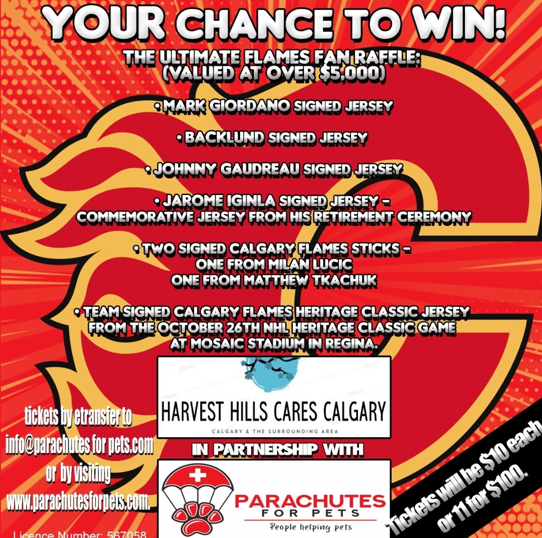 Parachutes For Pets (@parachutesp) on Twitter photo Here we go!!! @HarvestHillsYYC and <a href="/ParachutesP/">Parachutes For Pets</a> present our Christmas Raffle. The grand prize is the amazing Ultimate <a href="/NHLFlames/">Calgary Flames</a> Package Listed Below. In addition we will have 20 other prizes up for grabs. Email info@parachutesforpets.com to get your tickets today! #yyc #Calgary Here we go!!! @HarvestHillsYYC and <a href="/ParachutesP/">Parachutes For Pets</a> present our Christmas Raffle. The grand prize is the amazing Ultimate <a href="/NHLFlames/">Calgary Flames</a> Package Listed Below. In addition we will have 20 other prizes up for grabs. Email info@parachutesforpets.com to get your tickets today! #yyc #Calgary