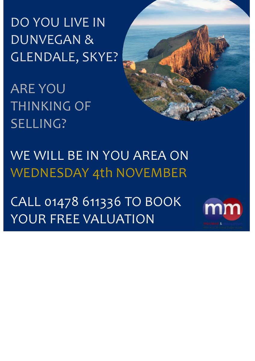 MacandMac28's tweet photo. There are still appointments left for the DUNVEGAN and GLENDALE AREA FREE VALUTAION for WEDNESDAY 4th Nov✨
Call Suzy on 01478611336 or email: property@macandmac.co.uk to arrange!!
#Free #valuation #skye #property #houses https://t.co/td8K7pv9jC