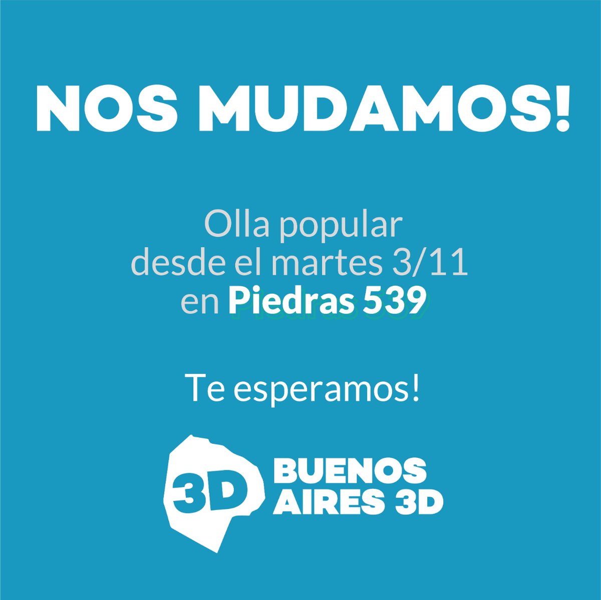 buenosaires3d's tweet photo. ¡Nos mudamos‼️
Desde este martes estaremos con nuevo local en Piedras 539. 😉

👉 Martes
- Olla popular (acercate con tu recipiente ) a las 18:30hs. 

- Asesoramiento para tramites:

👉 Miércoles de 17 a 19hs 

👉 Sábados de 11am a 13 hs y roperito de 15 a 17hs. https://t.co/W9oxjZBu2X