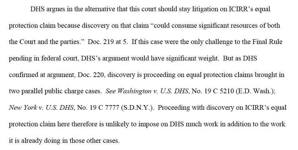 Does the  #PublicCharge rule also violate the Equal Protection Clause of the Constitution due to unlawful discrimination? That's still an open question being sussed out in 3 different lawsuits (in WA, NY, & IL), all pursuing discovery (i.e. demanding DHS turn over new docs).6/