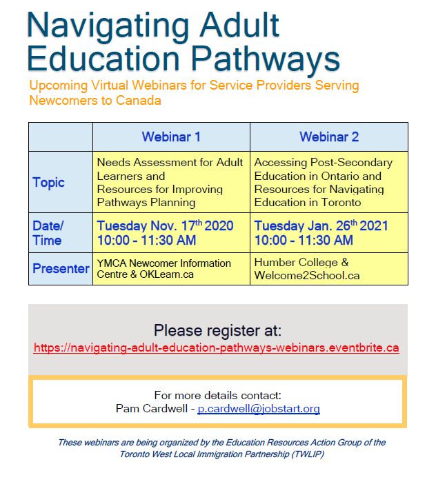 Navigating Adult Education Pathways - Upcoming Virtual Webinars for Service Providers Serving Newcomers to Canada! Register here: …ation-pathways-webinars.eventbrite.ca 

<a href="/lip_north/">Toronto North LIP</a> <a href="/torontosouthlip/">Toronto South LIP</a> <a href="/TEQ_LIP/">Toronto East Quadrant LIP</a>