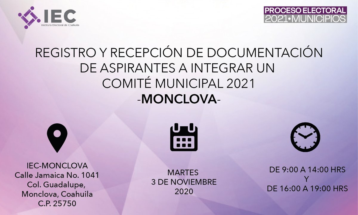IECoahuila's tweet photo. #Mañana en #Monclova inicia el registro y recepción de documentación de aspirantes a integrar un #ComitéMunicipal para el #ProcesoElectoralCoahuila2021. Aquí te compartimos la sede, fecha y hora de recepción. #Coahuila #Participa https://t.co/FD36uG2C2R