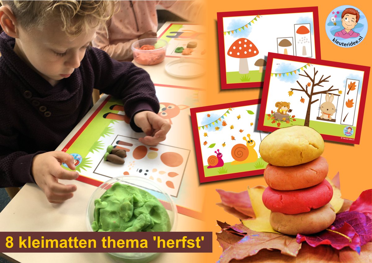 Nieuw! Acht vrolijke, leerzame kleimatten voor de herfstmaanden. Iedere kaart heeft een opdracht om iets van klei te maken. De trotse snoetjes als het gelukt is 😀.  kleuteridee.nl/herfst/