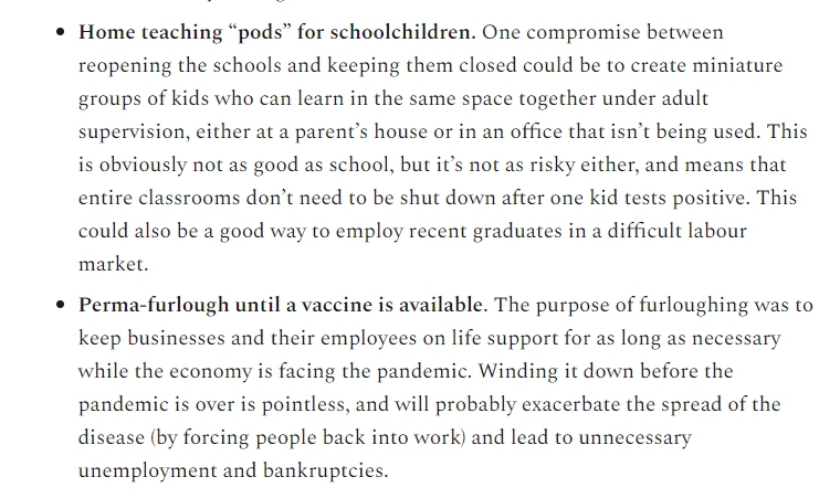 Once we've come out of this lockdown, we should not make those mistakes again, and we should try to make re-openings *sustainable* until a vaccine arrives. I suggest more ideas in the post:  https://sambowman.substack.com/p/covid-the-war-we-never-fought