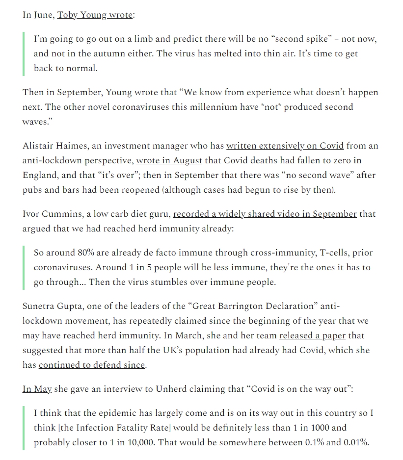 I highlight some of the predictions that claimed there would be no second wave, and that we had already reached herd immunity (in March!).