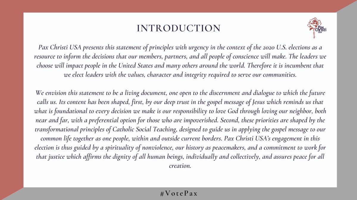 PaxChristiUSA's tweet photo. Take a moment to continue Praying and Studying so tomorrow those who haven't yet will be ready to ACT!
This is a thread with our Statement of Principles.
#PrayStudyAct
#VotePax
#Elections2020
First, an introduction... https://t.co/SxAUQAEjrG