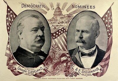 1892 brings a veritable forest, with Democrats Cleveland and Adlai Stevenon (both with moustaches) defeating Republican incumbent Harrison (beard) and running-mate Whitelaw Reid ('tache) and also Populists James Weaver ('tache) and James Field (beard), who won five states.