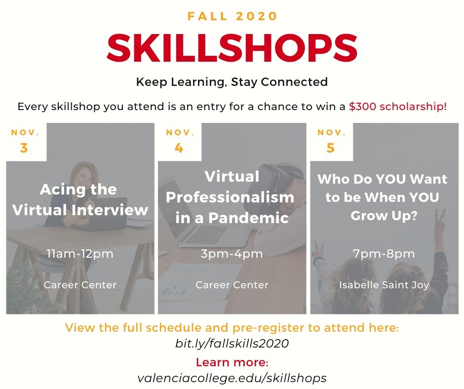 VCPoincianaCrew's tweet image. Take a look at our collegewide #Skillshop sessions for this week! Visit bit.ly/fallskills2020 for more info.!