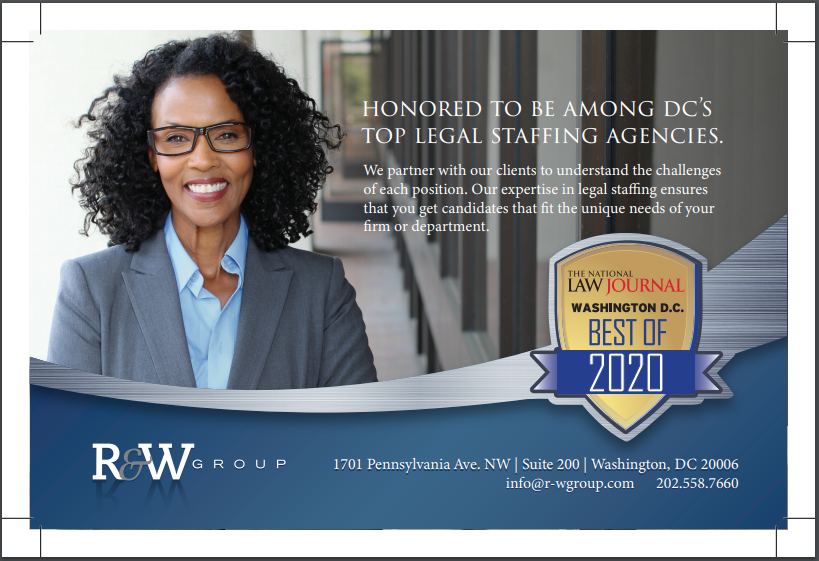 RWgroup's tweet photo. @RWgroup is proud to announce that @TheNLJ has recognized us as one of the top #staffing agencies in #WashingtonDC. #Thanks to everyone who nominated us. #lawfirm #legalstaffing #Recruiting #legalsupport #award #recognition https://t.co/XoPNBJkrnh