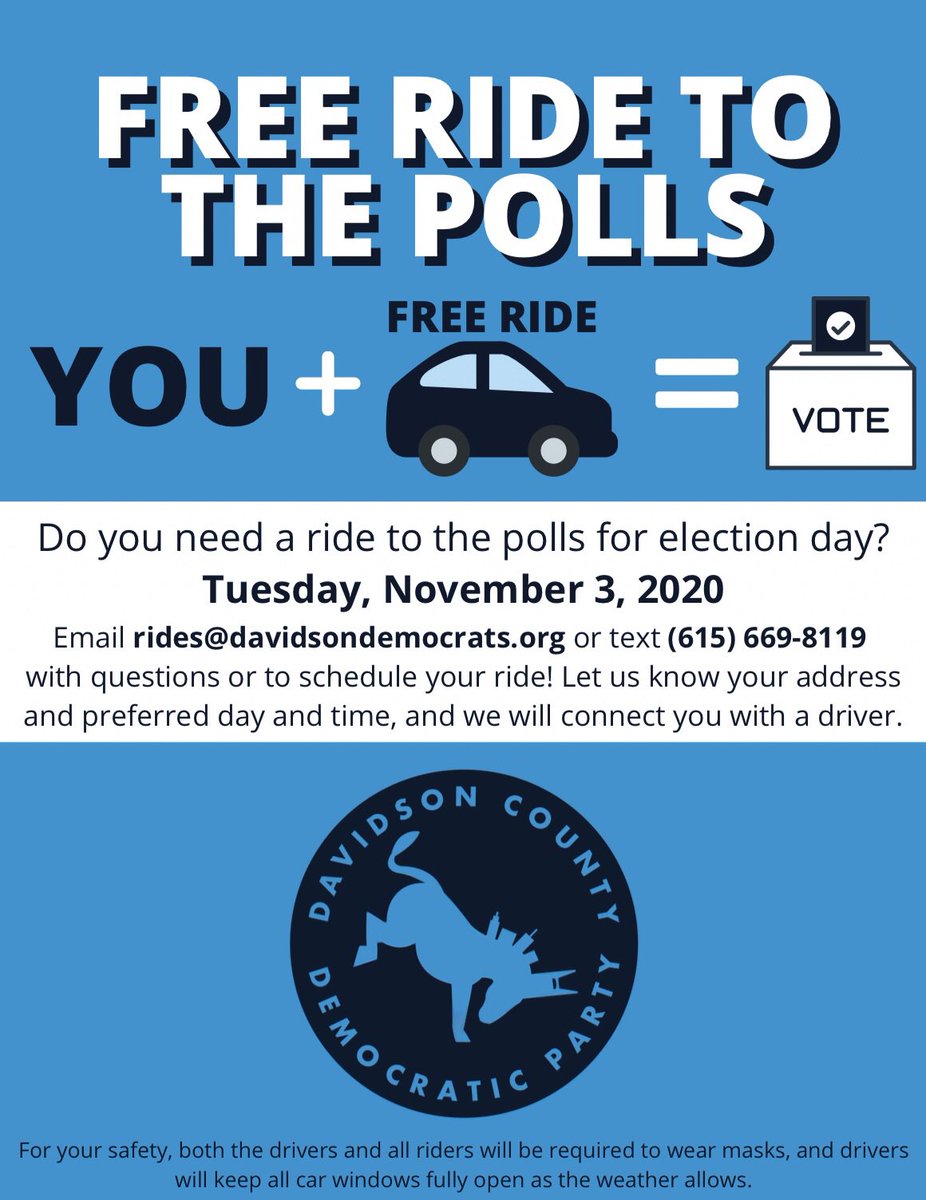 Campbell4TN's tweet photo. Do YOU need a ride to the polls tomorrow?
Email rides@davidsondemocrats.org or text (615) 669-8119 with questions or to schedule a ride! Let us know your address and preferred day and time, and we will connect you with a driver. #VoteBlue #TakeBackTN https://t.co/atWN9LRExk