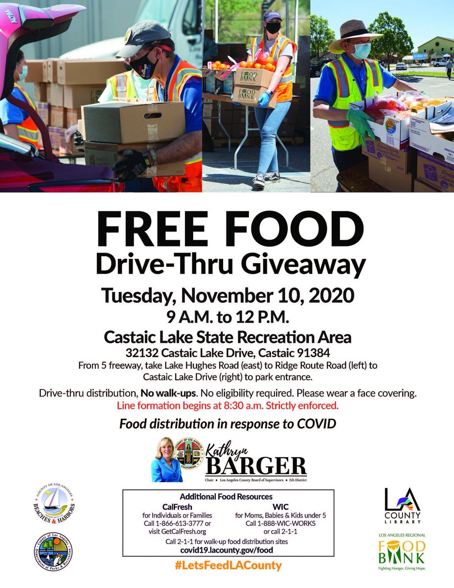 FriendsCastaic's tweet image. Join us for a special event: Free Food Drive-Thru Giveaway at @castaiclake State Recreation Area on Tuesday, Nov. 10 from 9AM-12PM. Line starts at 8:30AM. Please wear face covering #LetsFeedLACounty