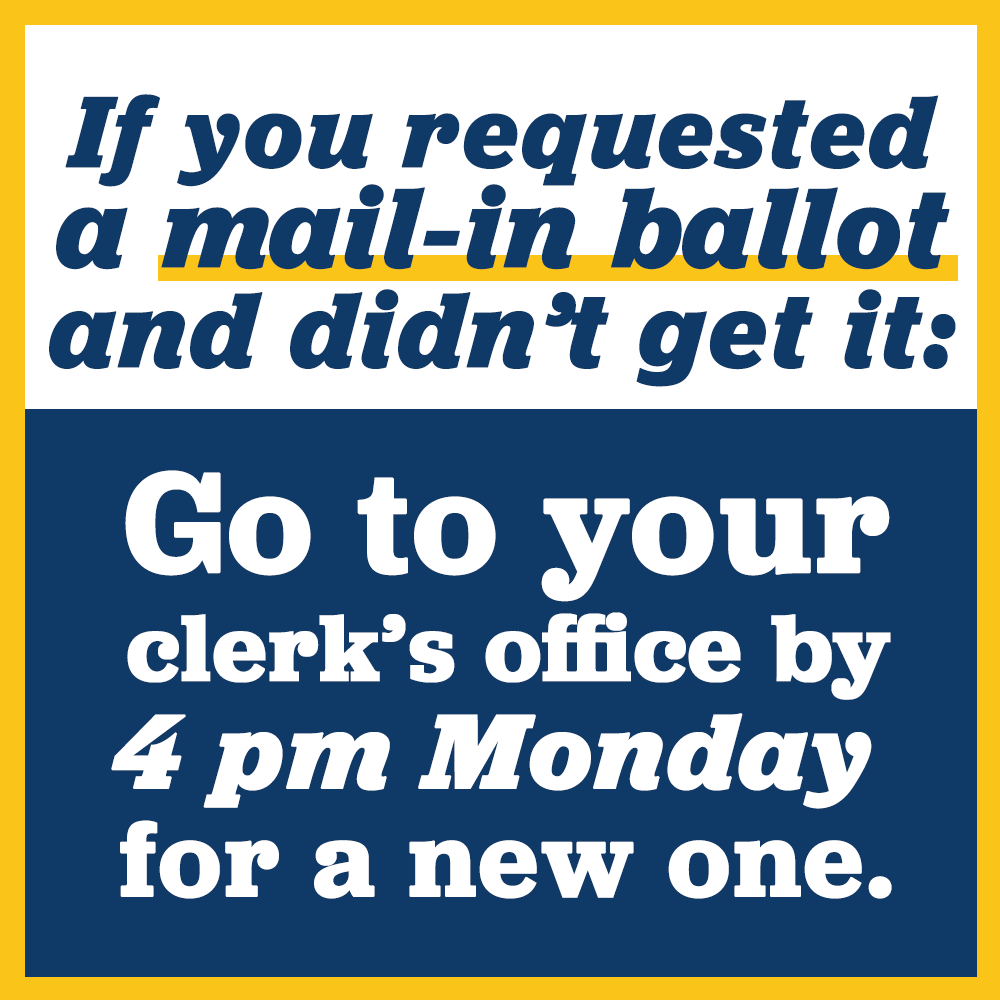 GaryPeters's tweet photo. If you requested a mail-in ballot, but it didn’t arrive, go to your clerk’s office TODAY by 4 pm to request a new ballot and make sure your voice is heard. https://t.co/yWdLSUcx96