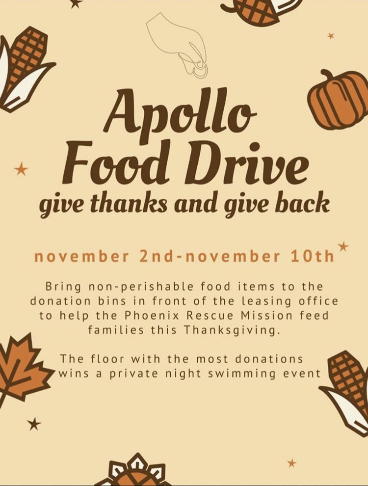 ApolloTempe's tweet photo. Our Food Drive starts today! Don’t forget to make your donations at the leasing office🧡🤎💛 check your email to see what the Phoenix Rescue Mission needs from us this holiday season 🤩 https://t.co/lPtIGIV6Rr