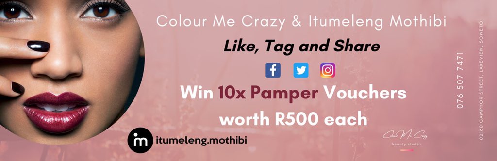 ColourMeCrazyBs's tweet photo. Competition!

We have partnered with @Itu_Mothibi to give you 10x R500 Pamper Vouchers

Just Like, Tag and Share

1. Like (Follow) @ColourMeCrazyBs Studio and @Itu_Mothibi on Facebook, Twitter and Instagram 
    
2. Tag a friend on this post

3. Retweet this post on your timeline https://t.co/MDqWOfGel2