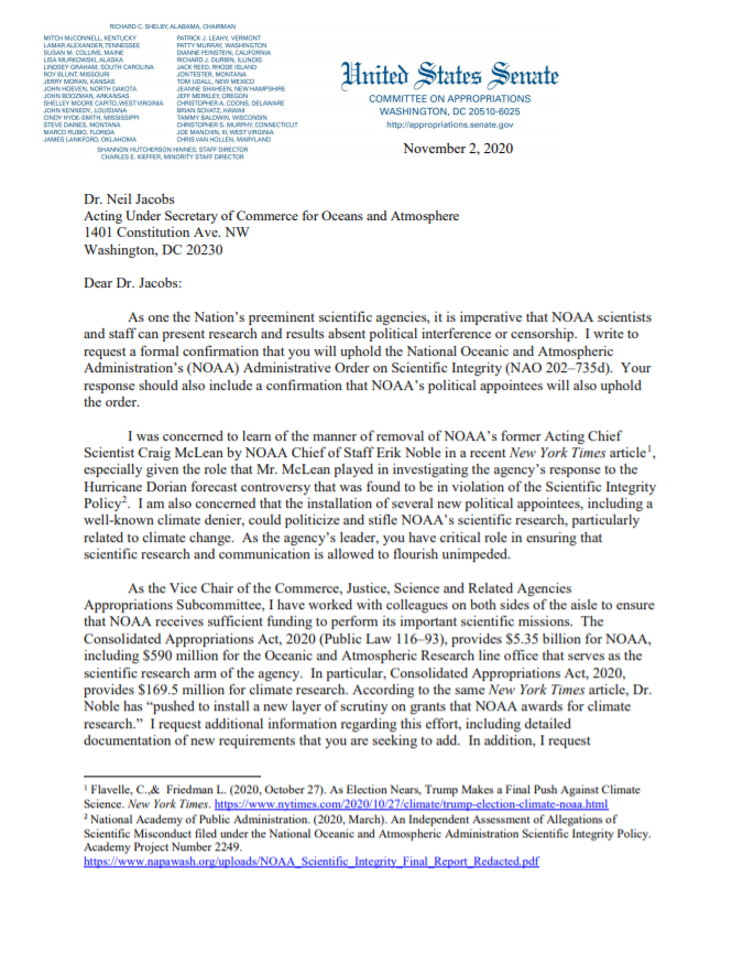 SenatorShaheen's tweet image. .@NOAA MUST uphold its Scientific Integrity Policy, especially as the Trump administration installs new political appointees, including a climate change denier, that seek to politicize &amp;amp; stifle NOAA’s scientific research. Science &amp;amp; facts must always triumph over politics.