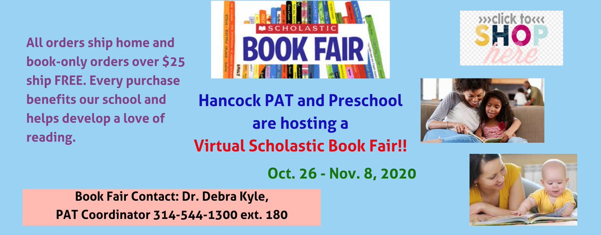 This is the final week of the Hancock PAT &amp; PK Scholastic Virtual Book Fair! Books are the BEST holiday gifts!! Please click on the following link to place your order by Sunday, November 8, 2020:
scholastic.com/bf/hancockearl…
