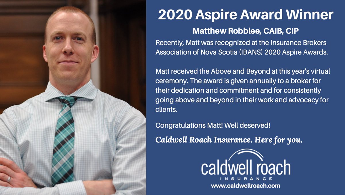 CaldwellRoach's tweet photo. We'd like to congratulate @MattRobblee for receiving the Above and Beyond Award at the Insurance Brokers Association of NS @InsuranceNS 2020 Aspire Awards. Congrats Matt! #LoveWhereYouWork #NSBrokerAdvantage https://t.co/ViegRLbSQO