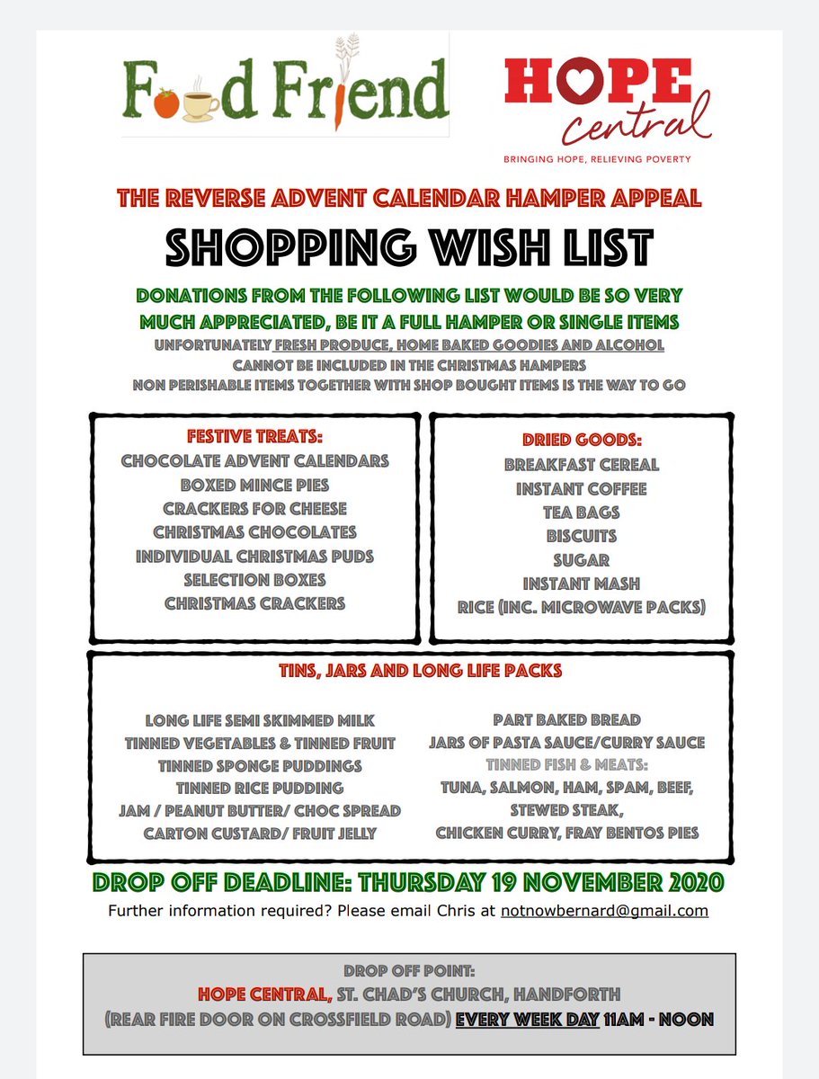 Please note that ALL hampers should now be dropped off at Hope Central at St Chad's in Handforth. Thank you!
#wilmslow #handforth #hopecentral #foodfriend