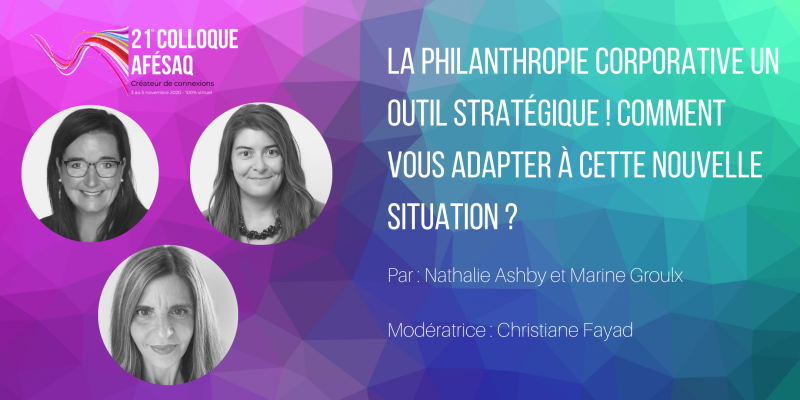 suite_donna's tweet photo. C’est demain que débute la 21e édition du Colloque virtuel de AFÉSAQ.

Nos expertes en marketing philanthropique animeront un séminaire sur la philanthropie corporative.

Vous pouvez vous joindre à cette belle rencontre, simplement en vous inscrivant ici: https://t.co/5GtNiRYPoc https://t.co/q79EhTTsu0