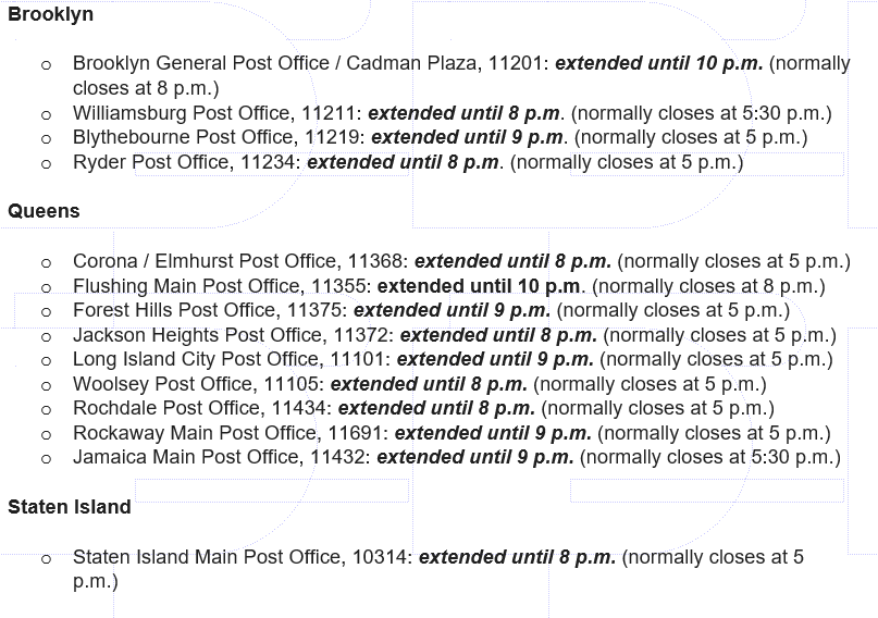 RepMaxRose's tweet image. 🚨Election Update🚨

@USPS is offering extended hours at select locations today to make sure you can get your ballot postmarked in time to be counted. 

Check out the extended hours here:
