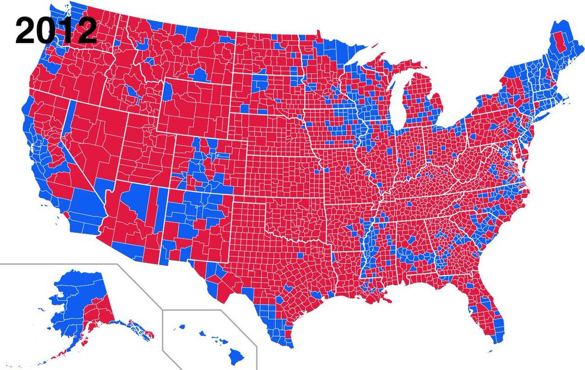 Ok here we go. Look at the electoral maps by county for the last few decades of US presidential elections.  You’ll notice that the South goes almost uniformly Republican red every time. Duh. But if you look closer, there’s something else there ...