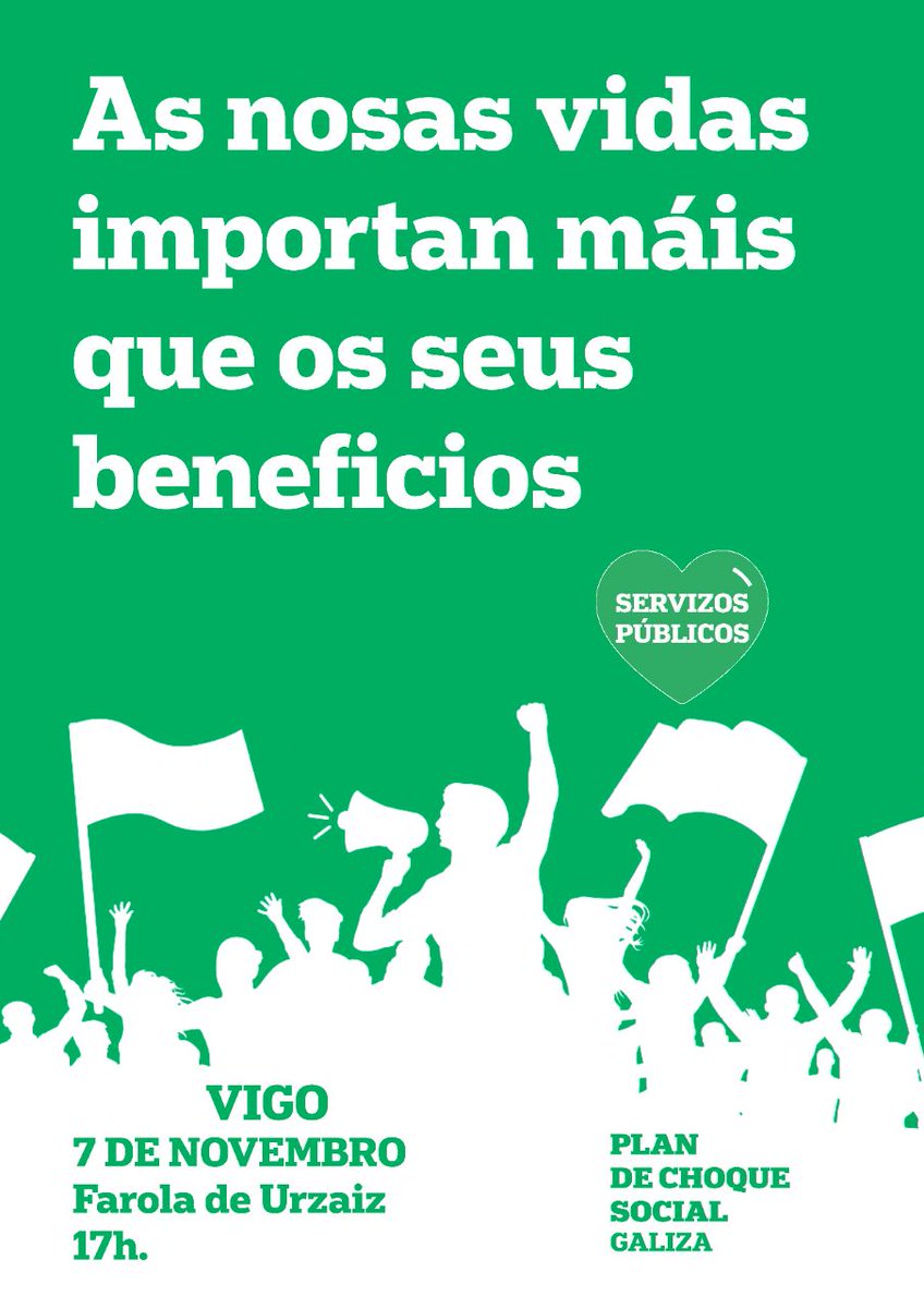 PlanDeChoqueGZ's tweet photo. 📆 O sábado #7N tomamos as rúas por unha saída social á crise!!! 

Chegou o momento de unificar todas as loitas e reclamar un #PlanDeChoqueSocial a @desdelamoncloa e @Xunta en beneficio das maiorías e non das patronais.

En Vigo:

📍 Farol de Urzáiz.

⌚ 17h https://t.co/ofaLU4UOM4