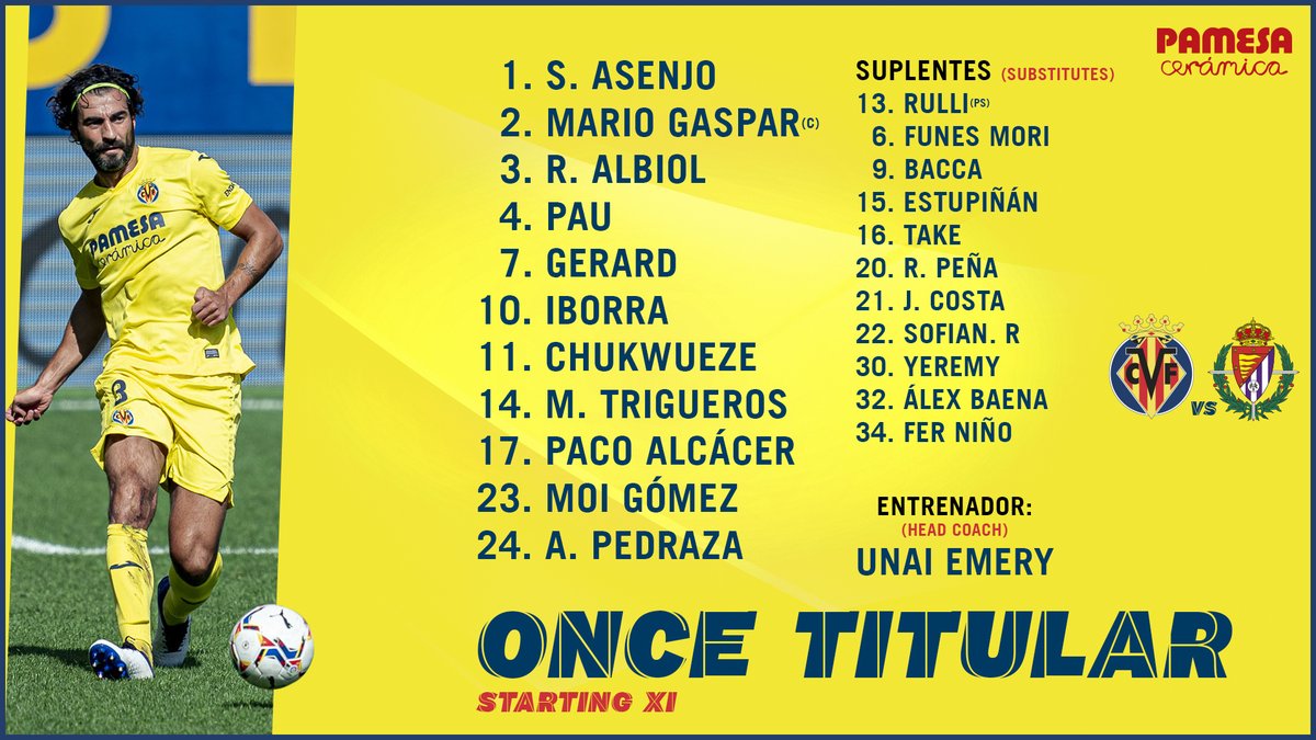 VillarrealCF's tweet photo. ¡Y ya tenemos el once amarillo para el #VillarrealRealValladolid 💪! ¡Estos son los elegidos para medirse desde el inicio al conjunto blanquivioleta! https://t.co/yJ6f17X7u5
