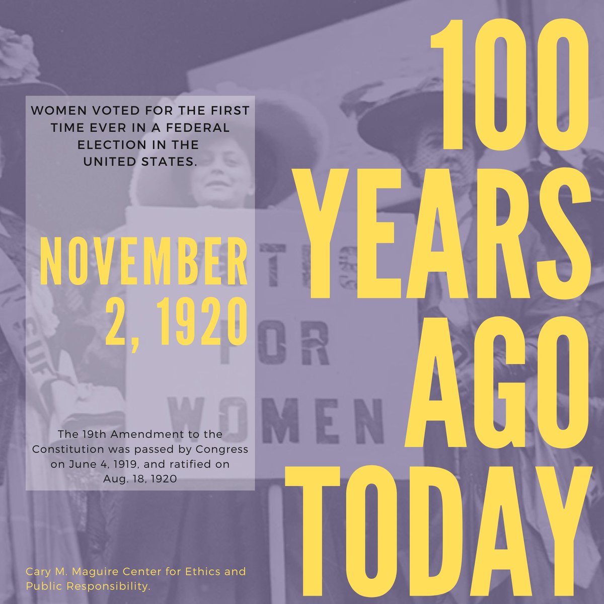MaguireEthics's tweet photo. All year we have been celebrating the many diverse women and men who dedicated themselves to winning women's political rights. Celebrate the centennial of the #19thAmendment by voting tomorrow Nov. 3 like you just won the right!! #Vote #ElectionDay #SMUVotes #SMUEthics https://t.co/DR2NZAvB7n