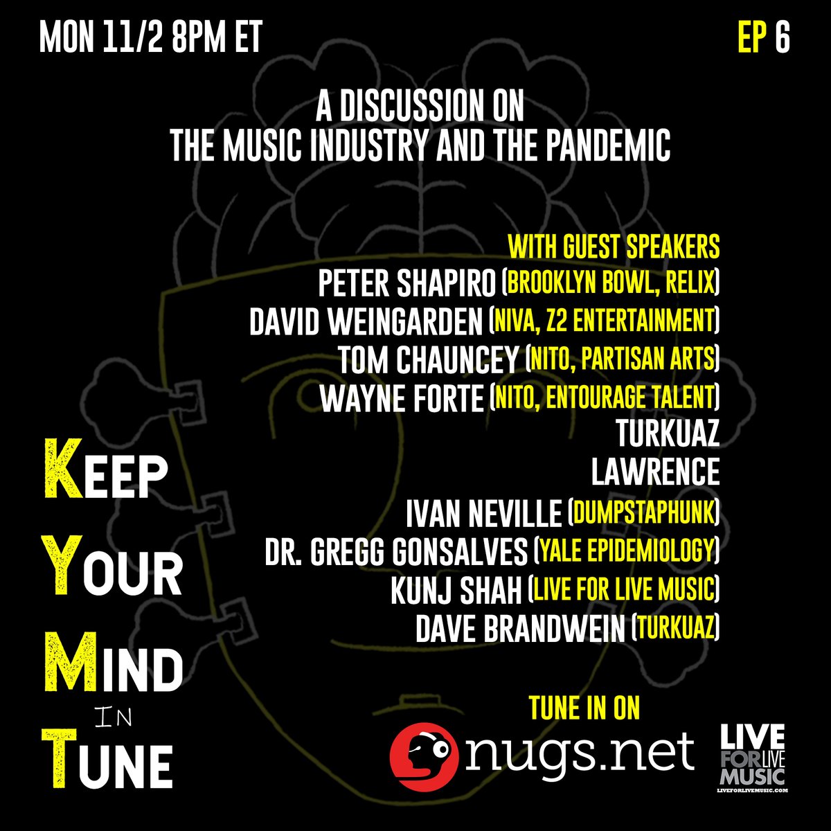 Join us at 8 ET for a pre-election special on the music industry and the pandemic, featuring guests Peter Shapiro, reps from @nivassoc & @NITO_Live, @IvanNeville, Dr. @gregggonsalves (Yale), @Turkuaz, @lawrencetheband, and hosts @KunjShah87 (@L4LM) & @DaveBrandwein (Turkuaz).