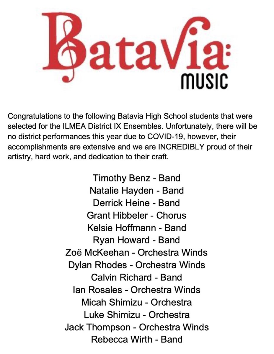 BataviaHSMusic's tweet photo. Congrats to the fourteen @bataviahs students selected to the @ilmea1 Dist. IX Ensembles! Though there won't be a festival, we are INCREDIBLY proud of all of them! https://t.co/d1AVKXuNfL
