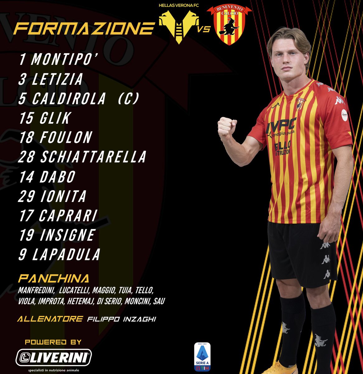 📋| İlk 11 ve Yedekler
🆚️| Hellas Verona
🧙‍♂️| #ForzaStrega • #SerieATIM