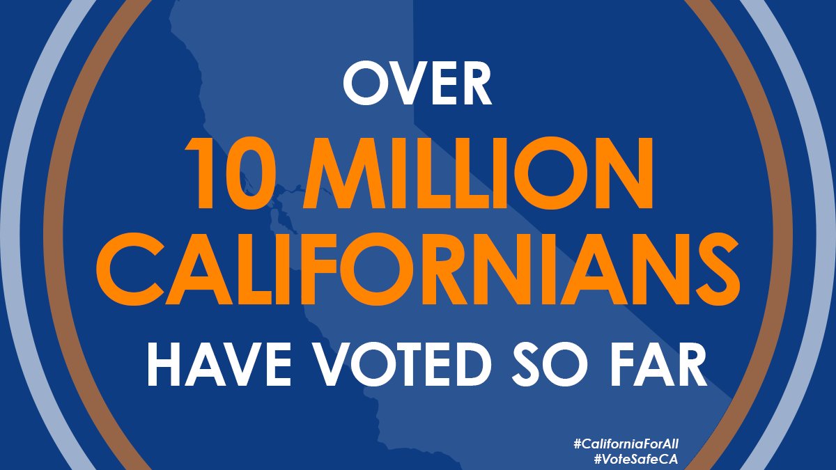 CA is on track for a historic voter turnout! 👏🏿👏🏾👏🏽

If you still have your ballot, or want to #voteearly in-person, you don't have to wait until #ElectionDay.

Find an early voting location near you: vote.ca.gov
