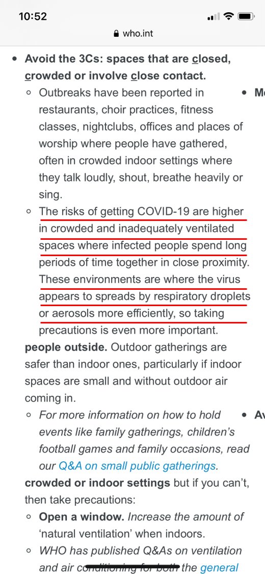 6/x To remind myself about  @WHO statements on COVID prevention, I also went back to look. Their “advice for the public” from Oct. 13 recommends to avoid “inadequately ventilated spaces” where “respiratory droplets or aerosols” spread more efficiently.  https://www.who.int/emergencies/diseases/novel-coronavirus-2019/advice-for-public