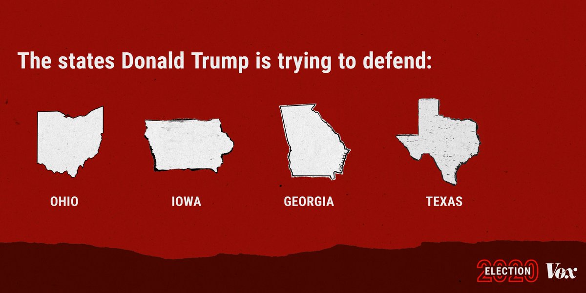 4/ The states Trump is trying to defend:Ohio, Iowa, Georgia, and Texas probably won’t be the tipping-point states, but if they flip to Biden, it likely means he’s winning big.