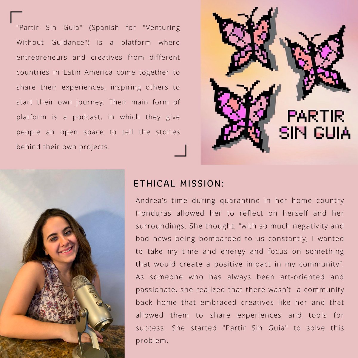 BentleyEthics's tweet photo. Partir Sin Guia (@partirsinguia) is a podcast founded by Bentley '22 student Andrea (@andreajordank) and her business partner Sarah. They feature various art-oriented people who share their creative experiences and tools for success. https://t.co/tH4i2SEJPV