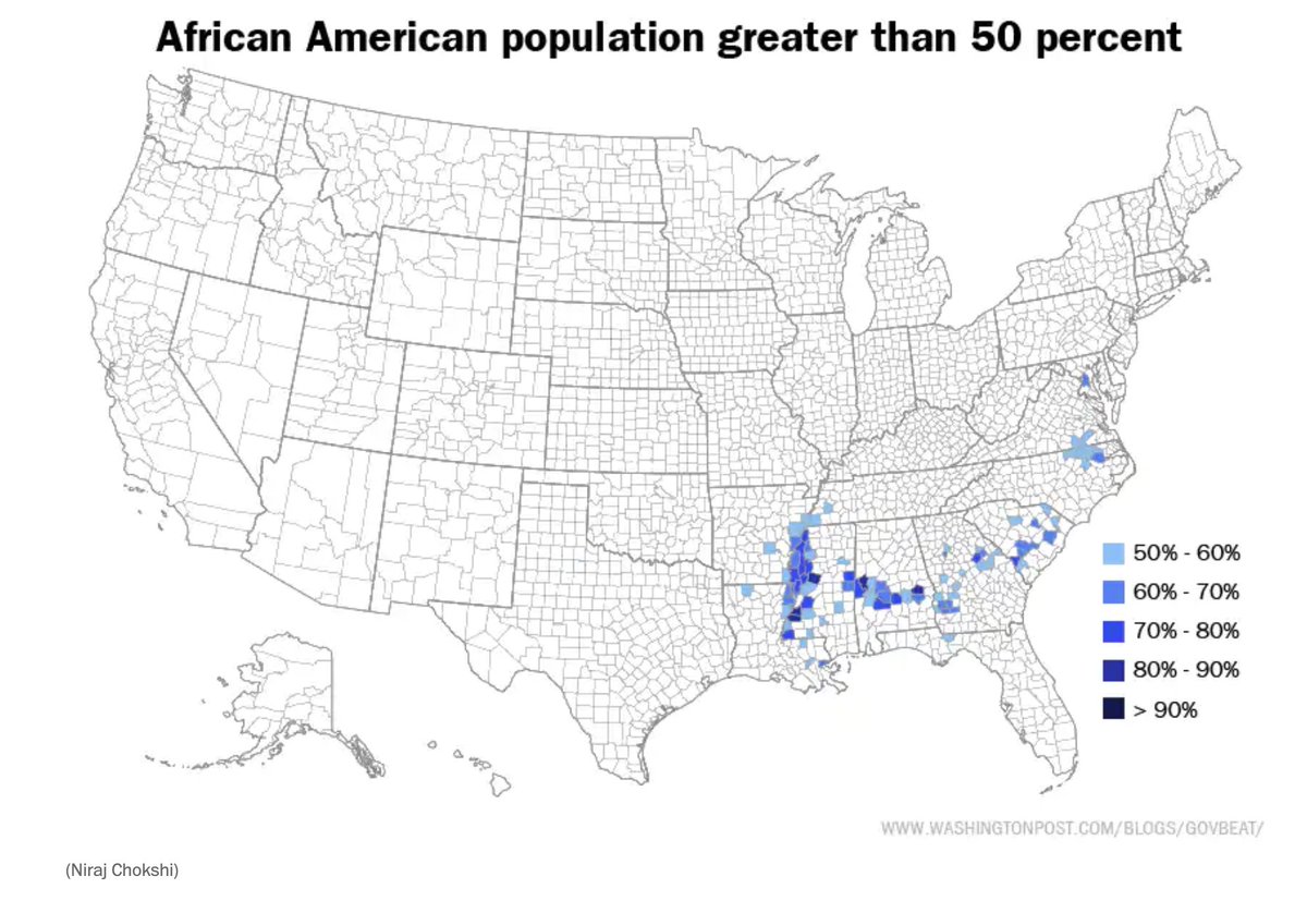 Fast forward to the 20th C. Many African-Americans leave the South as part of the Great Migration northward, but many families also remain.  If you look at a map of US counties w a majority of African Americans today, all are in the South, and most are in the Black Belt.