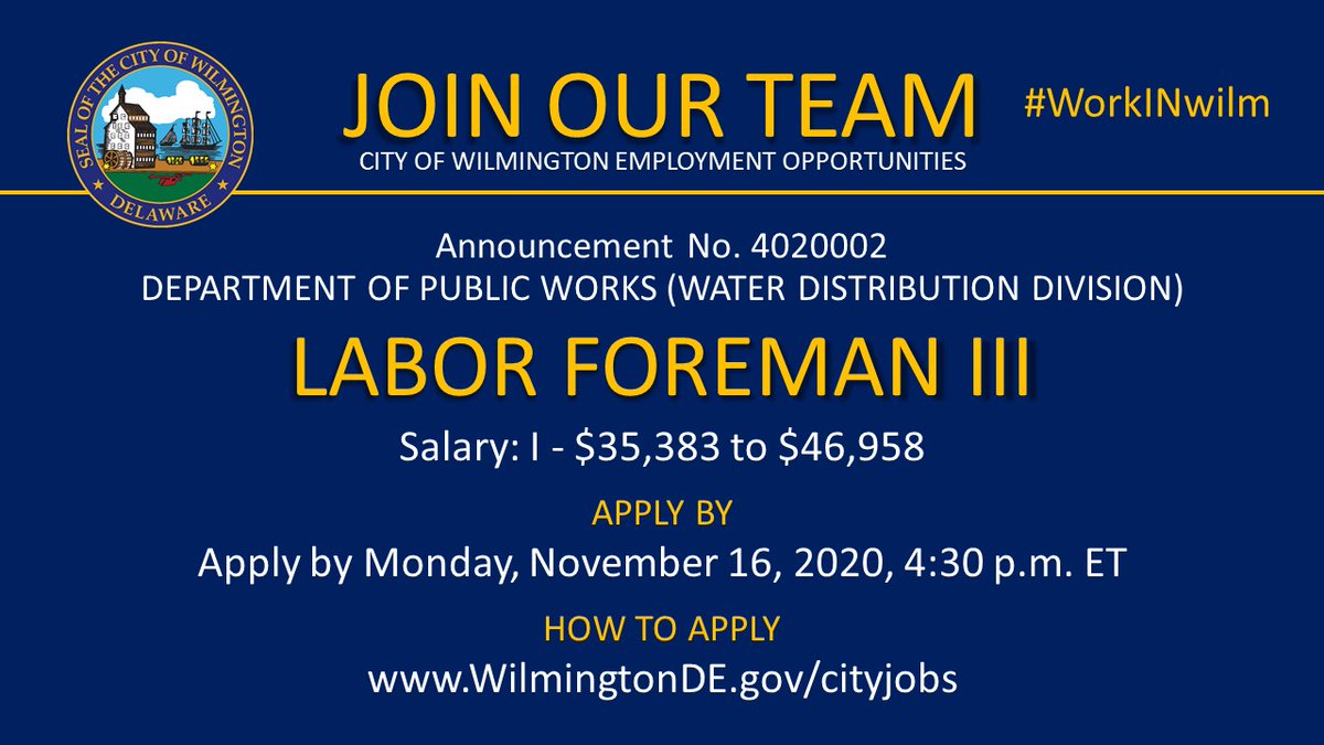 cityofwilmde's tweet photo. 📣 #NOWHIRING: Labor Foreman III
This position will remain open until Monday, November 16, 2020. Apply online today!
Apply here ➡️ https://t.co/nYuhCa7QZf
#WilmDE #WilmingtonDE #WilmingtonDelaware #Delaware #netDE #DE #WorkDE #WorkInWilm #jobsDE #Labor #Foreman #LaborForeman https://t.co/r4uKGkA5xe