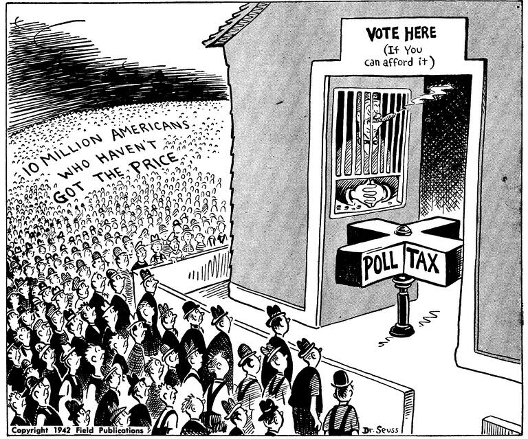 Even after enslaved people were freed post-Civil War, they still couldn’t vote.  Authorities made it virtually impossible: poll taxes, literacy tests, even a pulley system that raised the ballot box out of reach of anyone not White. Not to mention intimidation and lynching.