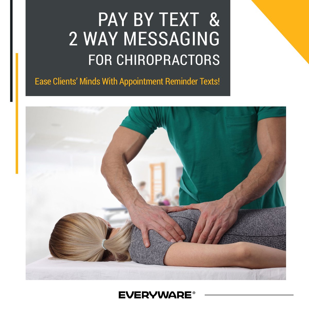 EverywareApp's tweet photo. Ease your clients' pain and provide top-notch customer service without breaking the bank. Sign up for #Everyware today for 90 days free access to chiropractor-friendly solutions. Contact sales@everyware.com or text 561-404-1462 to be connected directly with an Industry Expert. https://t.co/cQgg2wiRPO